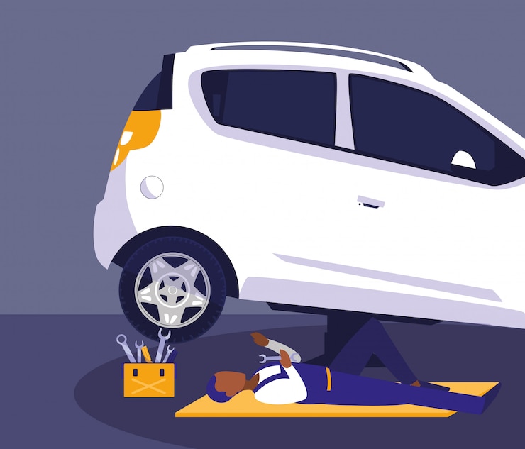 Vector auto en taller de mantenimiento con mecanico trabajando