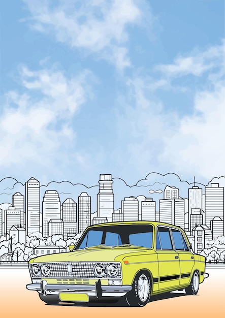 Auto vintage amarillo estacionado en el telón de fondo de un paisaje urbano estilizado que evoca nostalgia y exploración urbana Ilustración dibujada a mano