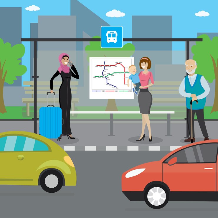 Vector autobús de dibujos animados parada de diferentes personas en la calle de la ciudad coche en la carretera ilustración vectorial