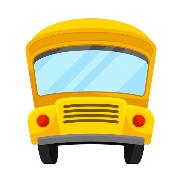 Autobús escolar amarillo de proyección frontal con gran ventana arqueada línea superior curva y faros rojos ilustración de dibujos animados aislada sobre fondo blanco
