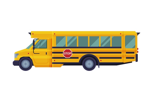 Autobús escolar amarillo vista lateral Estudiantes escolares Vehículo de transporte Ilustración vectorial de estilo plano