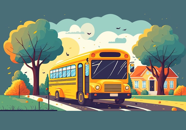 Vector autobús escolar en la carretera en la ciudad ilustración vectorial en estilo plano