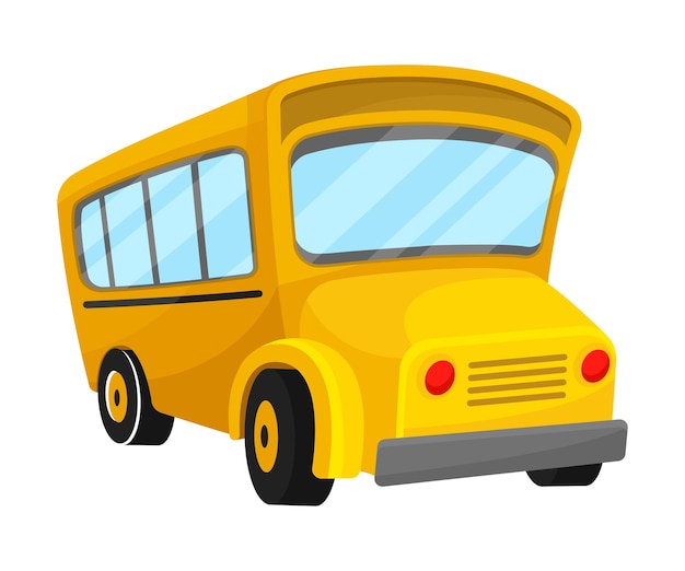Autobús escolar de color amarillo diseño clásico de proyección de esquina con línea negra en el tablero y faros rojos ilustración de dibujos animados aislada sobre fondo blanco