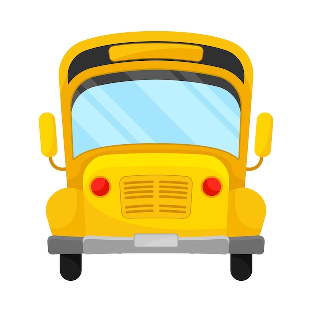 Autobús escolar de color amarillo diseño clásico proyección frontal y línea superior arqueada ilustración de dibujos animados estilo cómico de dibujos animados aislado sobre fondo blanco