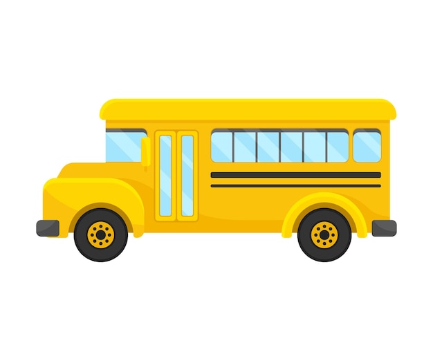 Autobús escolar de color amarillo diseño clásico de proyección lateral izquierda con línea negra en el tablero y muchas ventanas ilustración de dibujos animados aislada sobre fondo blanco
