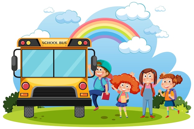 Autobús escolar con dibujos animados de estudiantes