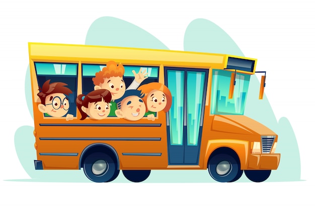 autobús escolar de dibujos animados lleno de niños sonrientes