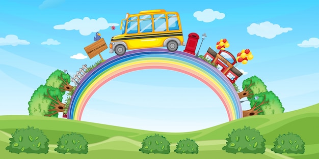 Autobús escolar y escolar en el arco iris