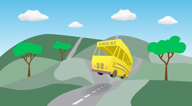 Autobús escolar estilo dibujos animados conduciendo en la carretera con un hermoso fondo de cielo Ilustración vectorial