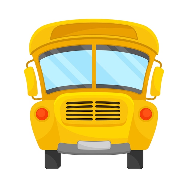 Autobús escolar habitual de proyección frontal de color amarillo con dos ventanas espejos de techo curvado y faros rojos ilustración de dibujos animados aislada sobre fondo blanco