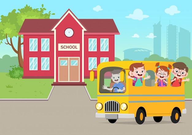 Autobús escolar en la ilustración de vector de escuela