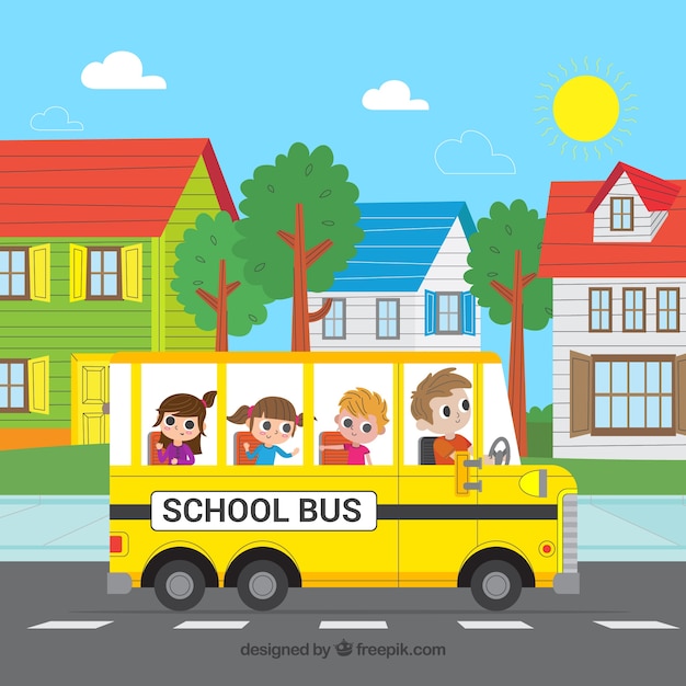 Autobús escolar y niños con diseño plano