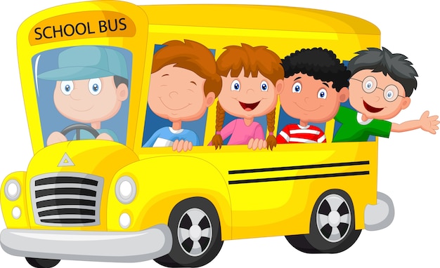 Vector autobús escolar con niños felices