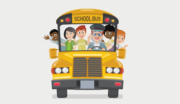 Autobús escolar y niños felices