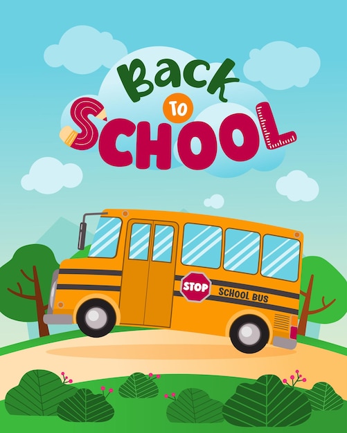 autobús escolar, yendo, a, escuela, vector, ilustración