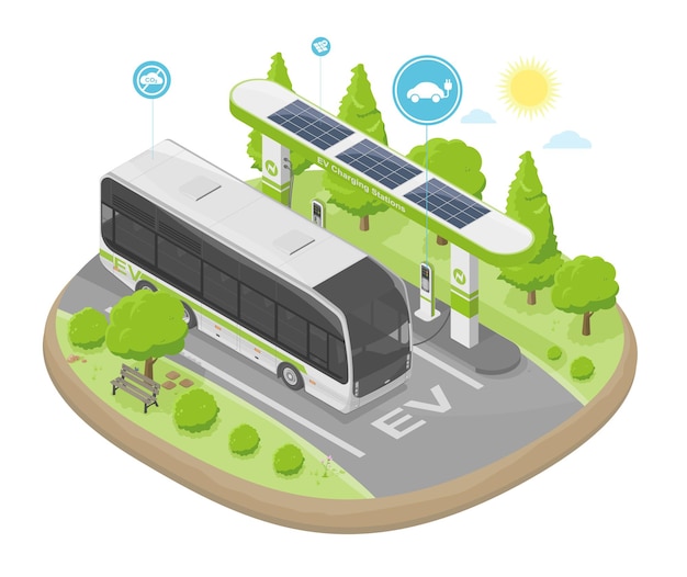 Vector autobús ev concepto de energía de celda solar ecología energética sistema de vehículo eléctrico isométrico de baja emisión