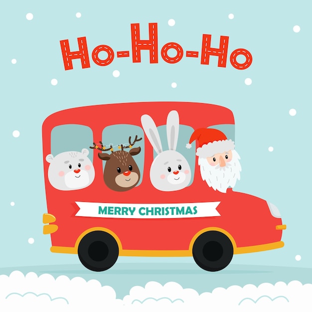 Vector autobús navideño rojo con papá noel, oso polar, conejo y ciervo navideño viaje de vacaciones con papá noel y sus amigos