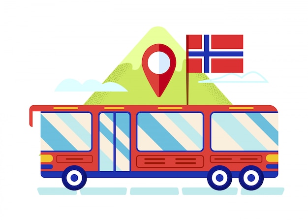 Autobús rojo con bandera de noruega en vacaciones de techo