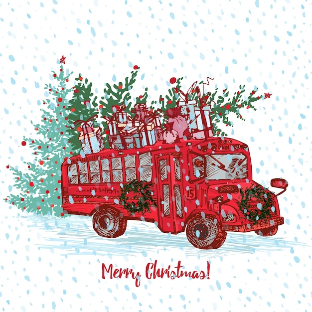 Autobús rojo de Navidad con bolas decoradas de abeto y regalos en el techo Fondo blanco cubierto de nieve y texto Feliz Navidad y feliz año nuevo Tarjetas de felicitación Ilustraciones