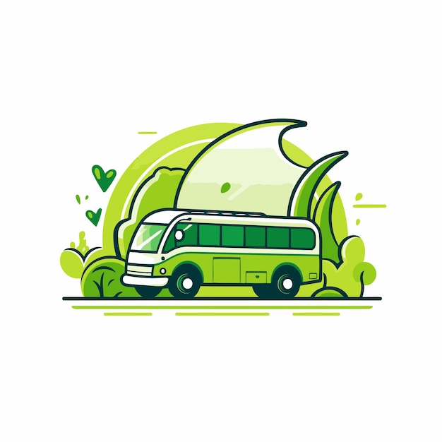 Vector autobús verde con luna y árboles ilustración vectorial en estilo plano