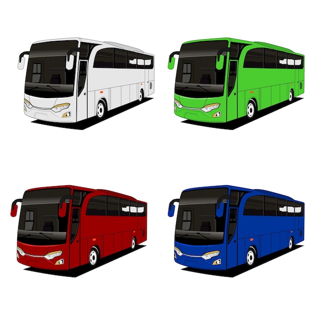 Autobuses realistas ambientados con diferentes colores. Ilustración vectorial sobre fondo blanco