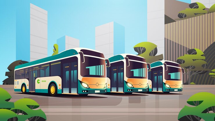 Vector autobuses urbanos vehículo transporte público moderno tráfico urbano y rural cómodo movimiento concepto paisaje urbano fondo horizontal vector ilustración
