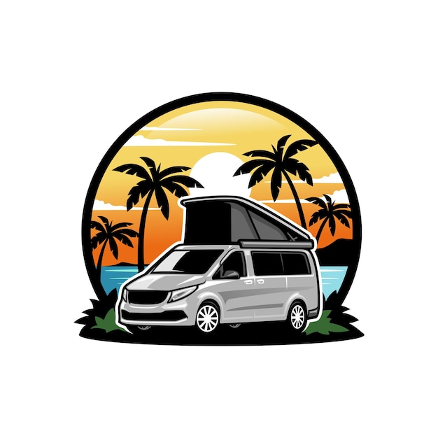 autocaravana coche con vector de logotipo de ilustración de carpa emergente