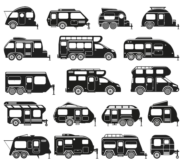 Autocaravanas, caravanas y remolques de camping. Camping autocaravana, viaje por carretera, coche, carro, vector, ilustración, conjunto. Siluetas de caravana de camping recreativo. Autocaravana, transporte de vehículos móviles