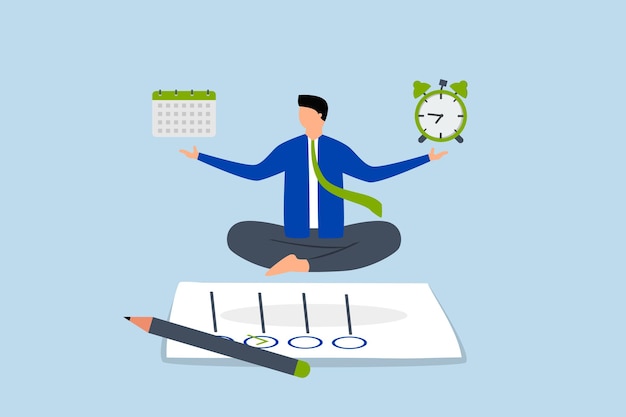 Autocontrol para completar el trabajo El hombre de negocios encuentra la paz en la meditación mientras hace malabares entre el tiempo y los plazos en un papel lleno de tareas completadas