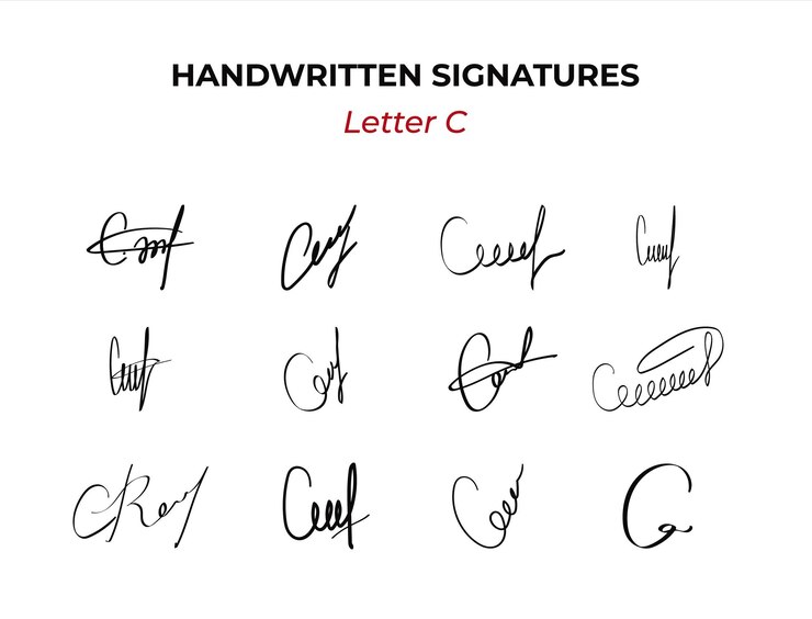 Autógrafos escritos a mano conjunto ficticio con la letra c diseño dibujado a mano falso contrato personal