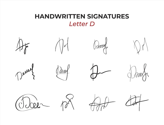 Autógrafos escritos a mano conjunto ficticio con la letra d diseño dibujado a mano falso contrato personal