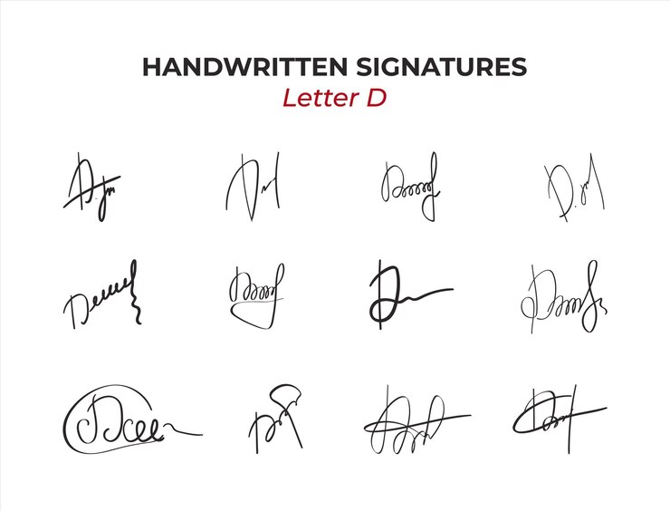 Autógrafos escritos a mano conjunto ficticio con la letra d diseño dibujado a mano falso contrato personal