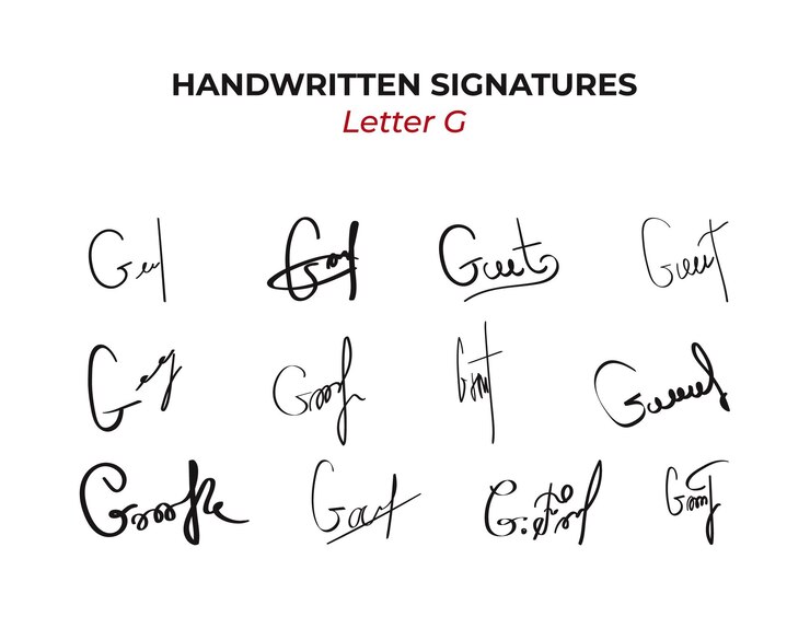 Autógrafos escritos a mano Conjunto ficticio con la letra G Dibujado a mano falso Firma de contrato personal Escribido para certificado de negocio o cliente