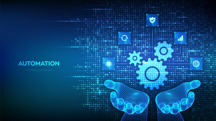 Vector automatización y concepto de software iot iconos de engranajes hechos con código binario en manos de wireframe