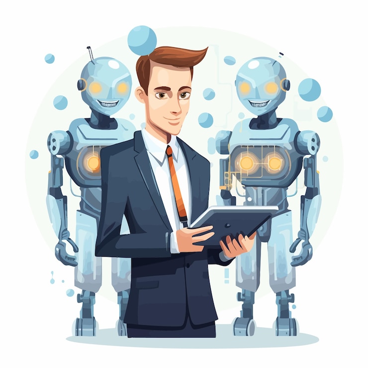 Vector automatización con un hombre de negocios sosteniendo una tableta