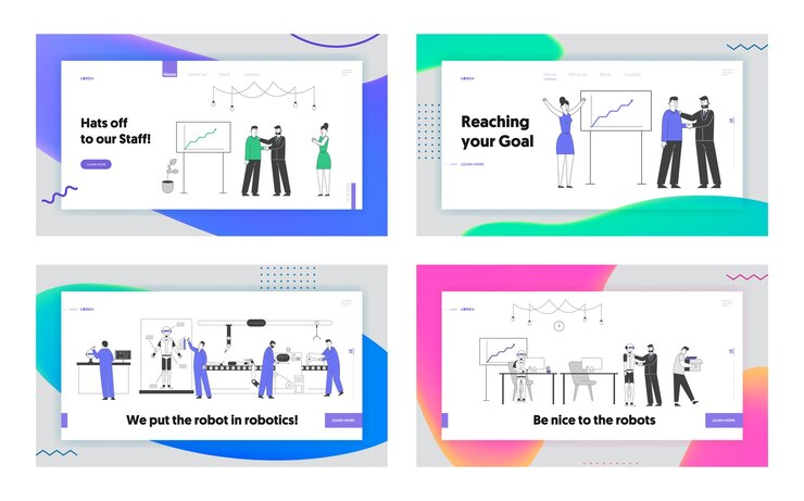 Vector automatización, personas y robots que trabajan en el conjunto de páginas de destino del sitio web de office.