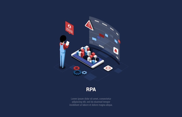 Automatización de procesos robóticos Eficiencia Productividad Calidad Técnico de pantalla táctil Programa de codificación para el carácter RPA Arriba de la pantalla con información de lectura de teléfono inteligente Ilustración vectorial 3d isométrica