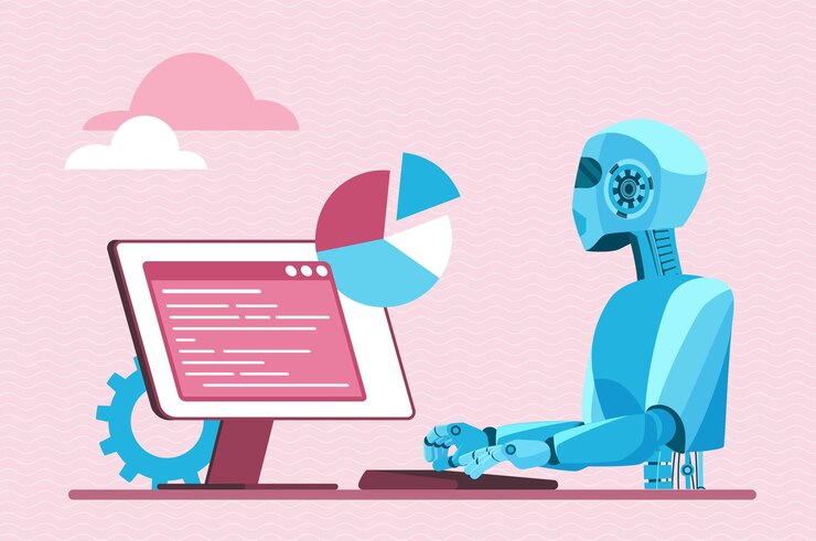 Vector automatización de proyectos de negocios y tareas chat bot robot de servicio sentado en el escritorio de la computadora