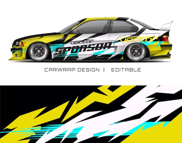 Automóvil amarillo negro blanco azul diseño de carreras plantilla de envoltura