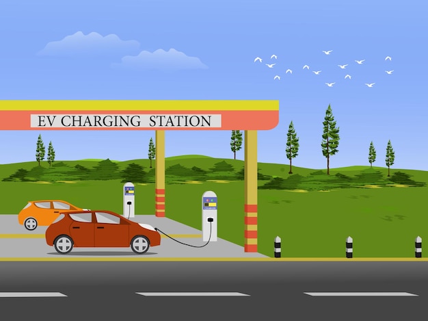 Vector un automóvil eléctrico está cargando una batería en una estación de carga eléctrica con campos verdes y cielo de fondo.