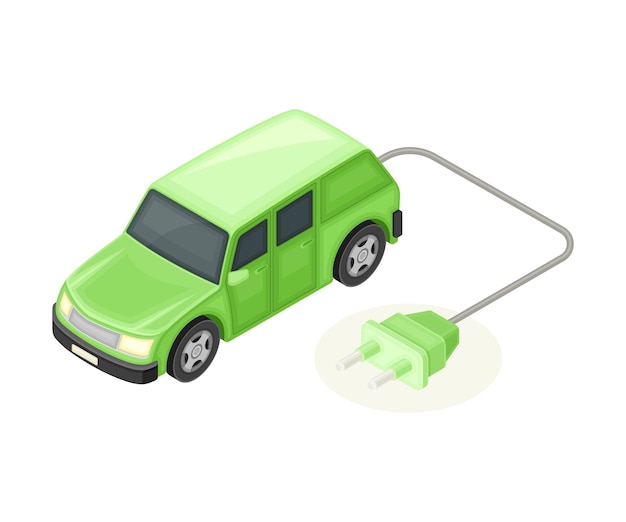 Automóvil eléctrico con enchufe para cargar la batería como ilustración vectorial isométrica de ecología y protección y conservación del medio ambiente