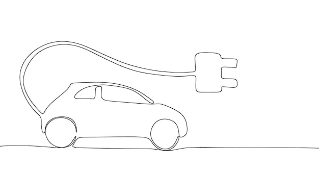 Automóvil eléctrico con enchufe Una línea de concepto continuo de automóvil eléctrico pancarta Contorno artístico de la línea