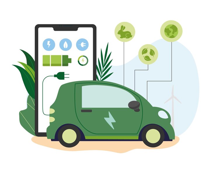 Vector el automóvil eléctrico se está cargando estación de carga de transporte ecológico aplicación telefónica para monitorear el llenado de la batería del automóvil ilustración en color en estilo plano uso de transporte verde