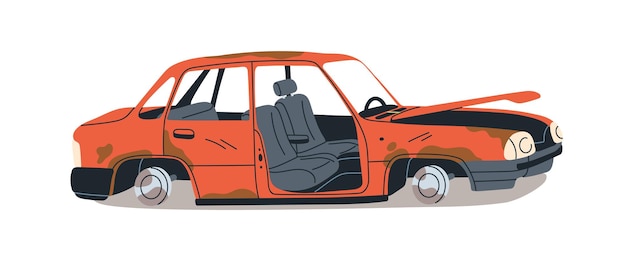 Automóvil oxidado, basura rota, daños abandonados, automóvil oxidado en ruinas, automóvil oxidado en ruinas, basura en ruinas, vehículo obsoleto, transporte, ilustración vectorial plana aislada sobre fondo blanco