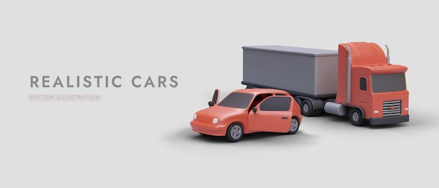 Automóviles y camiones realistas Vehículos listos para viajar Transporte de pasajeros y carga Banner publicitario sobre fondo gris Plantilla para la página web de diseño de la compañía de venta de automóviles de transporte