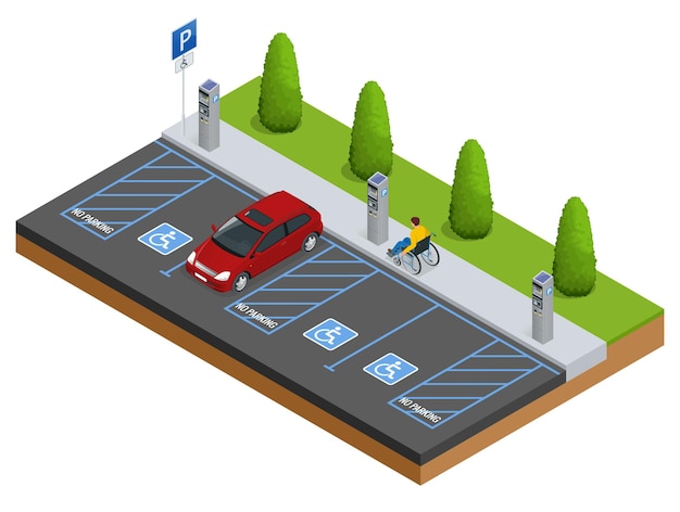 Automóviles isométricos en el estacionamiento o estacionamiento para discapacitados. Automóviles isométricos en el estacionamiento o estacionamiento de automóviles. Estacionamiento de la ciudad vector web banner isométrico estilo de vector plano.