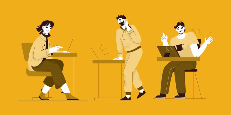 Autónomos o empleados que trabajan en equipos portátiles conjunto de personas aisladas.