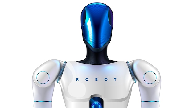 Autonomous humanoid robot with AI Humanoid robotics technology Humanoid robot with AI or artificial intelligence Robot Head in glass mask with actuator hands Anthropomorphic robotics helper