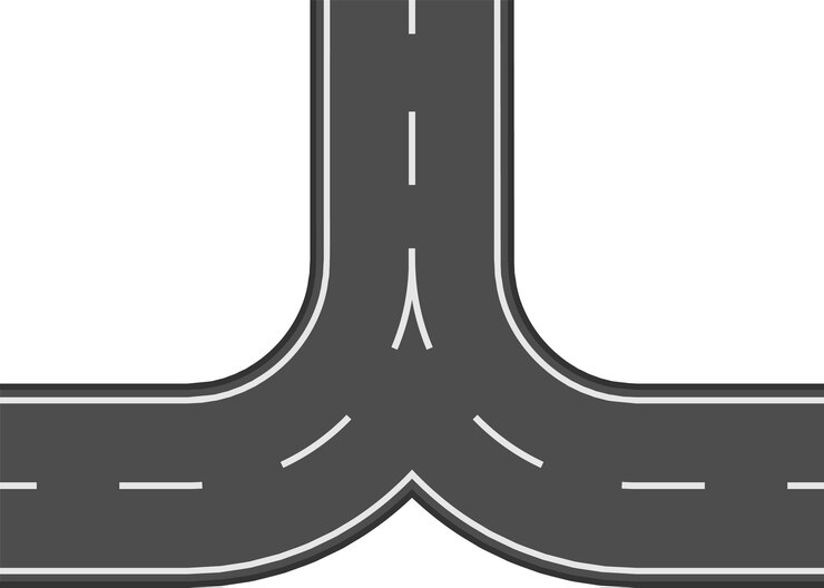 Vector la autopista en forma de y se divide en dos rutas simbolizando la elección el fondo blanco mejora el contraste destacando la toma de decisiones el gráfico representa la elección de una dirección una metáfora para las decisiones de la vida