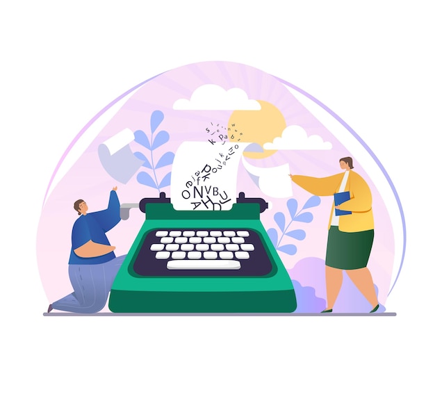 Autor de blog, literatura creativa, escritor o freelance, una persona pequeña le pide a su editor una promoción.